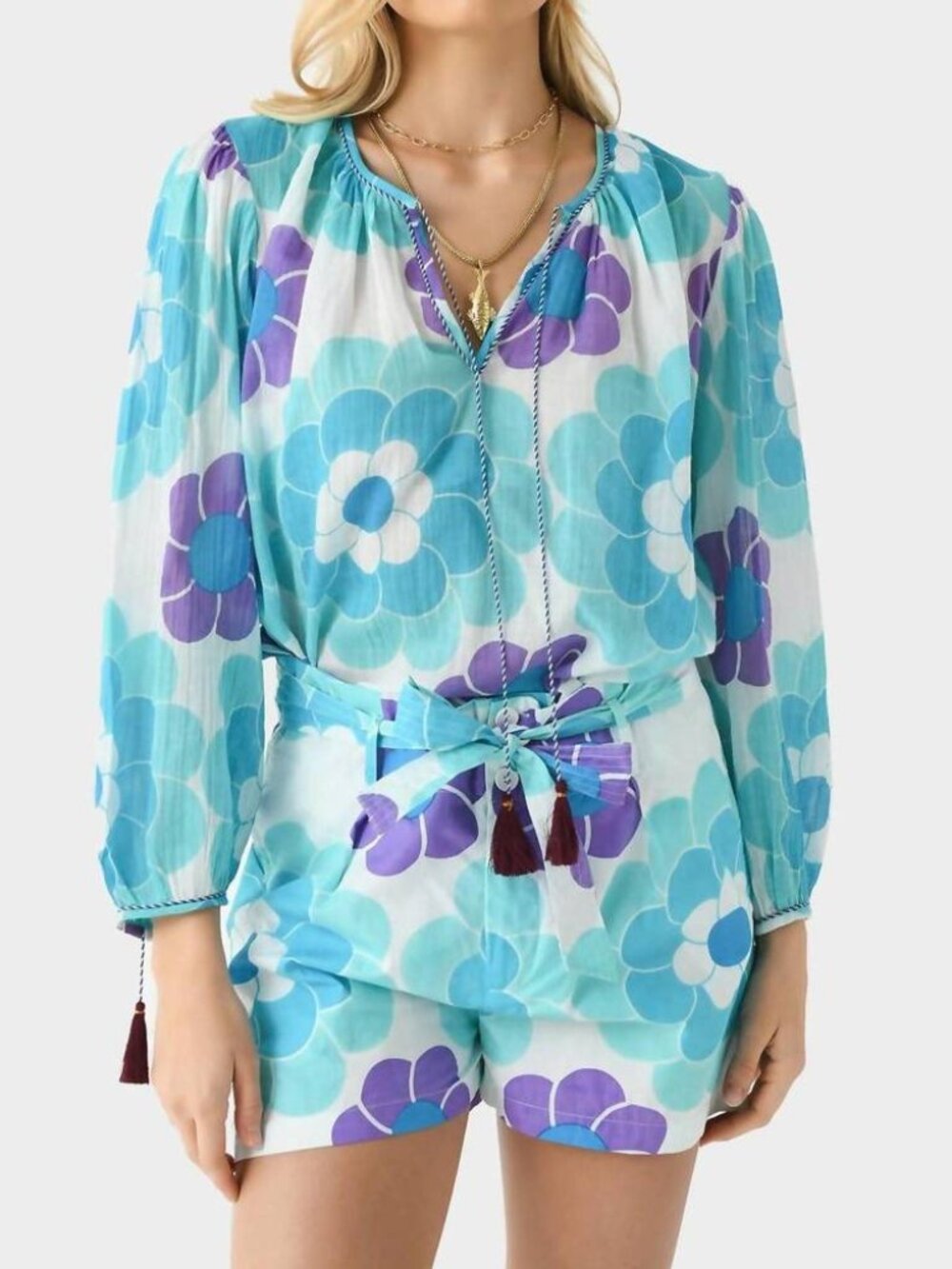 Antik Batik Suny Floral Cotton Gauze Tassel Blouse Blue XS 36